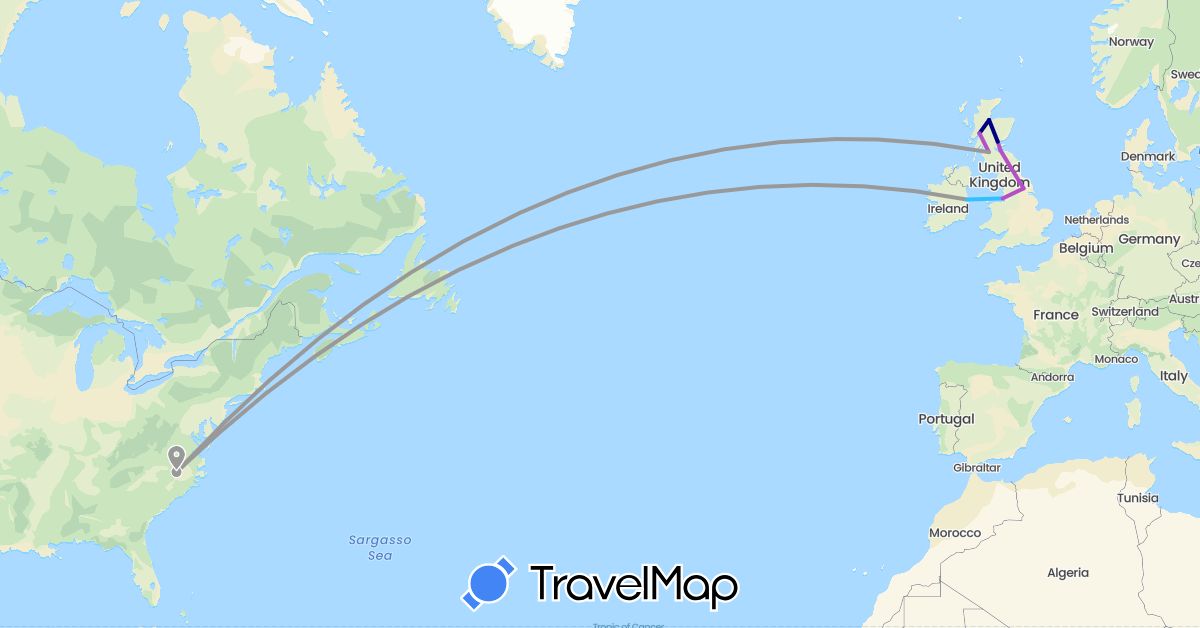TravelMap itinerary: driving, plane, train, boat in United Kingdom, Ireland, United States (Europe, North America)