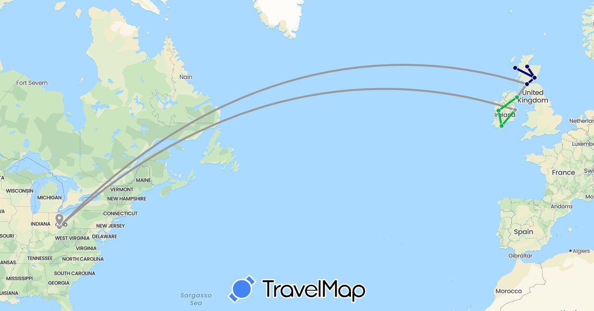 TravelMap itinerary: driving, bus, plane, train in United Kingdom, Ireland, United States (Europe, North America)